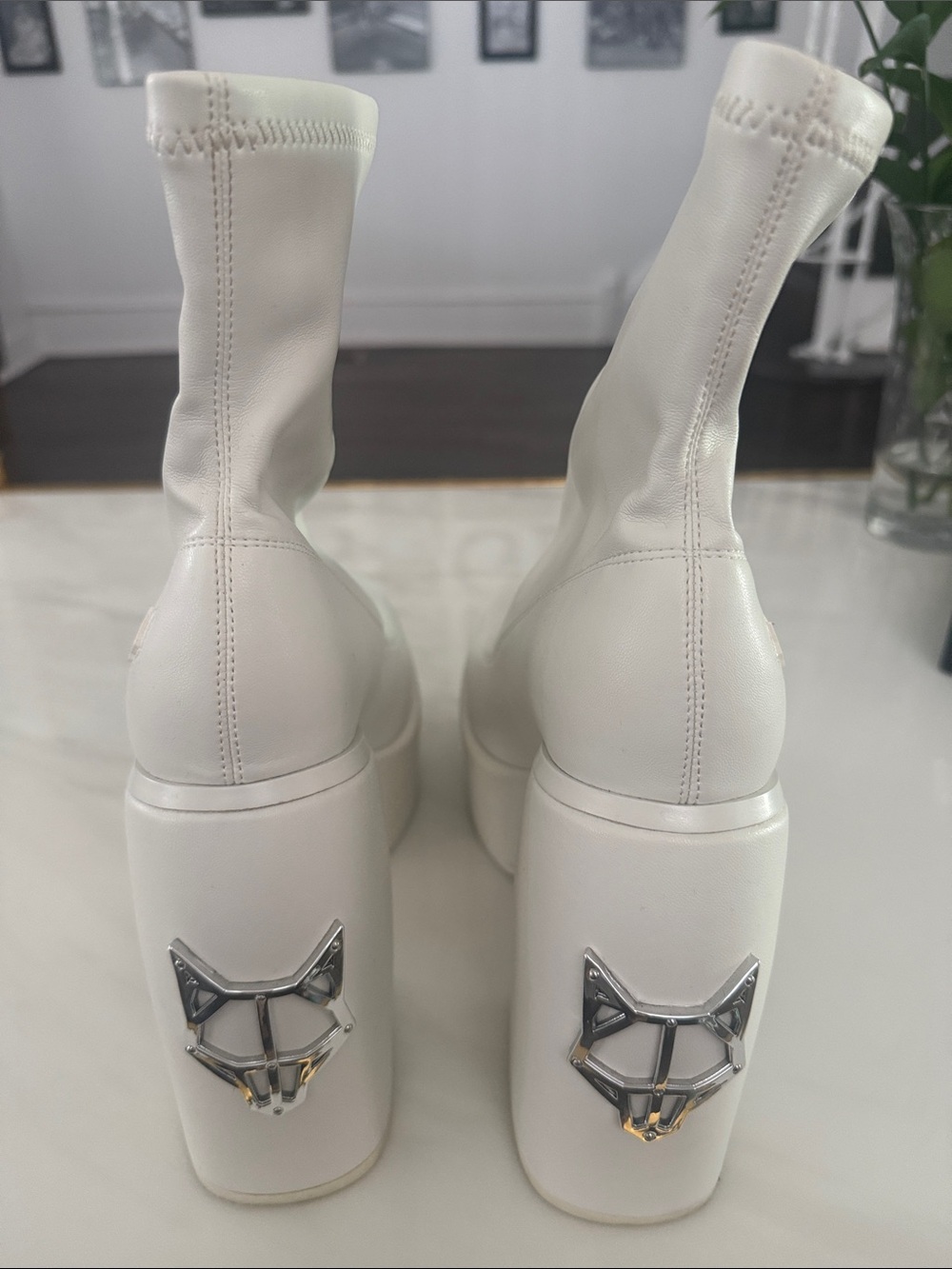 Naked Wolfe White Platform Ankle Boots with Silver Fox Detail